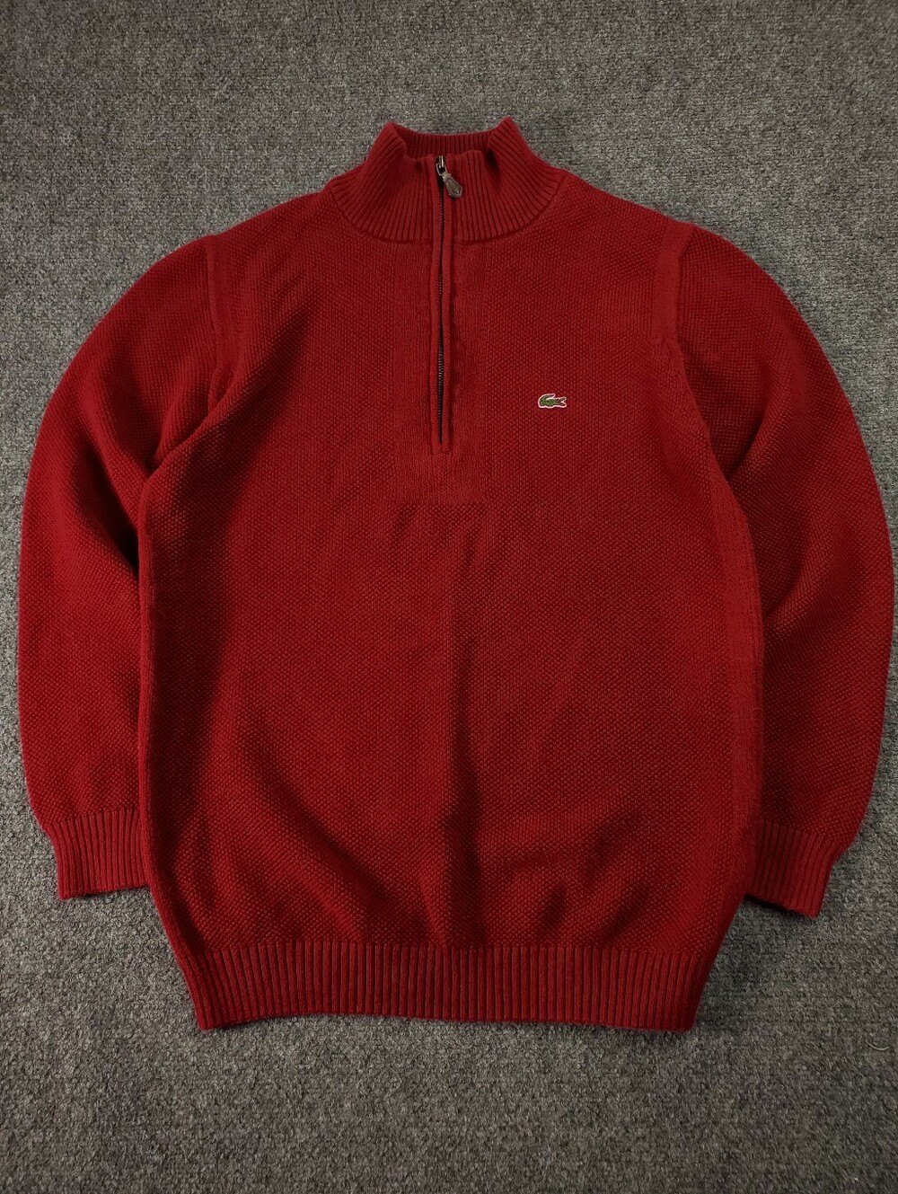 Lacoste Quarter Zip Sweater Medium 4 Textured Cotton Knit Moc Neck Red Pullover - Picture 2 of 10